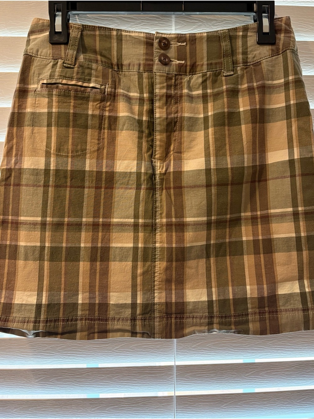 St Johns Bay Plaid Cotton Blend Mini Skort in Olive and Tan